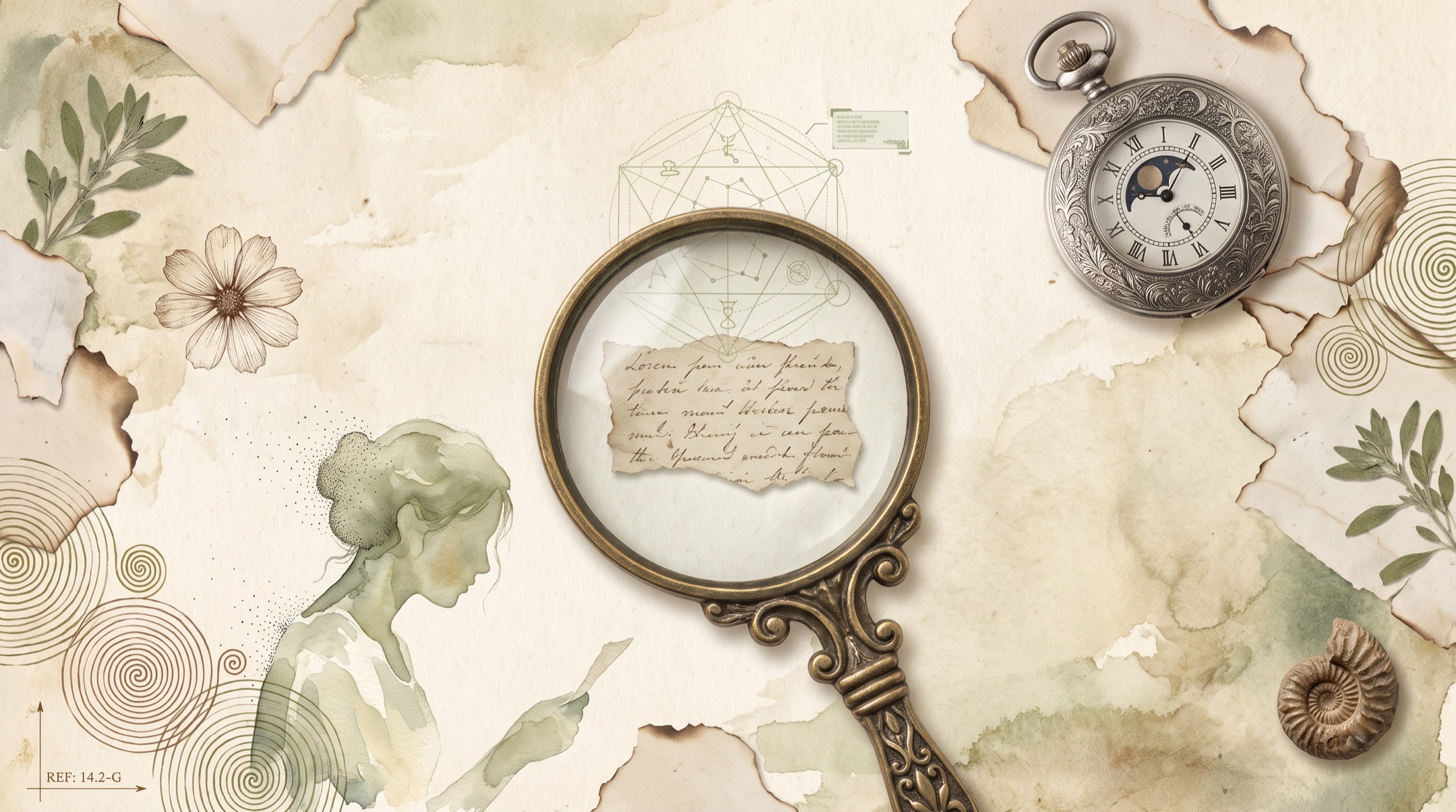 An archivist's bench: a brass magnifier over a manuscript, an engraved pocket watch, sage botanicals